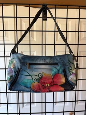 Anuschka Teal Leather Shoulder Bag with Multicolor Floral Artwork